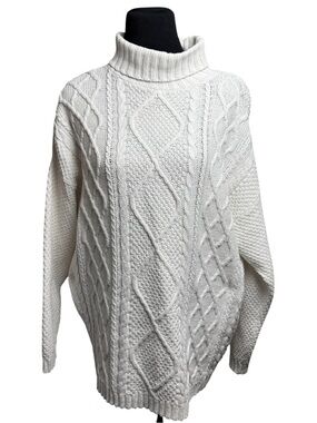 Vintage Cherokee White Cable Knit Sweater Turtleneck Oversized Slouchy Boho CTN